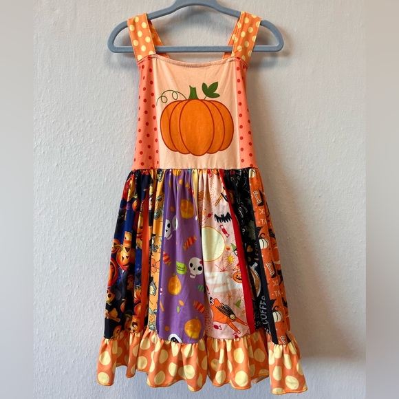Girls Halloween Pumpkin Patchwork Dress Size 4T Fall Holiday Outfit Boutique - Picture 1 of 8